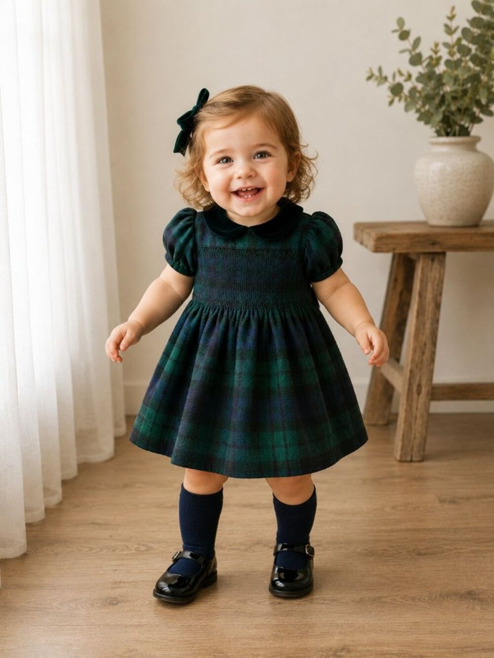NWT Ralph Lauren Plaid Smocked Dress & Bloomer Green Black Size 18mos